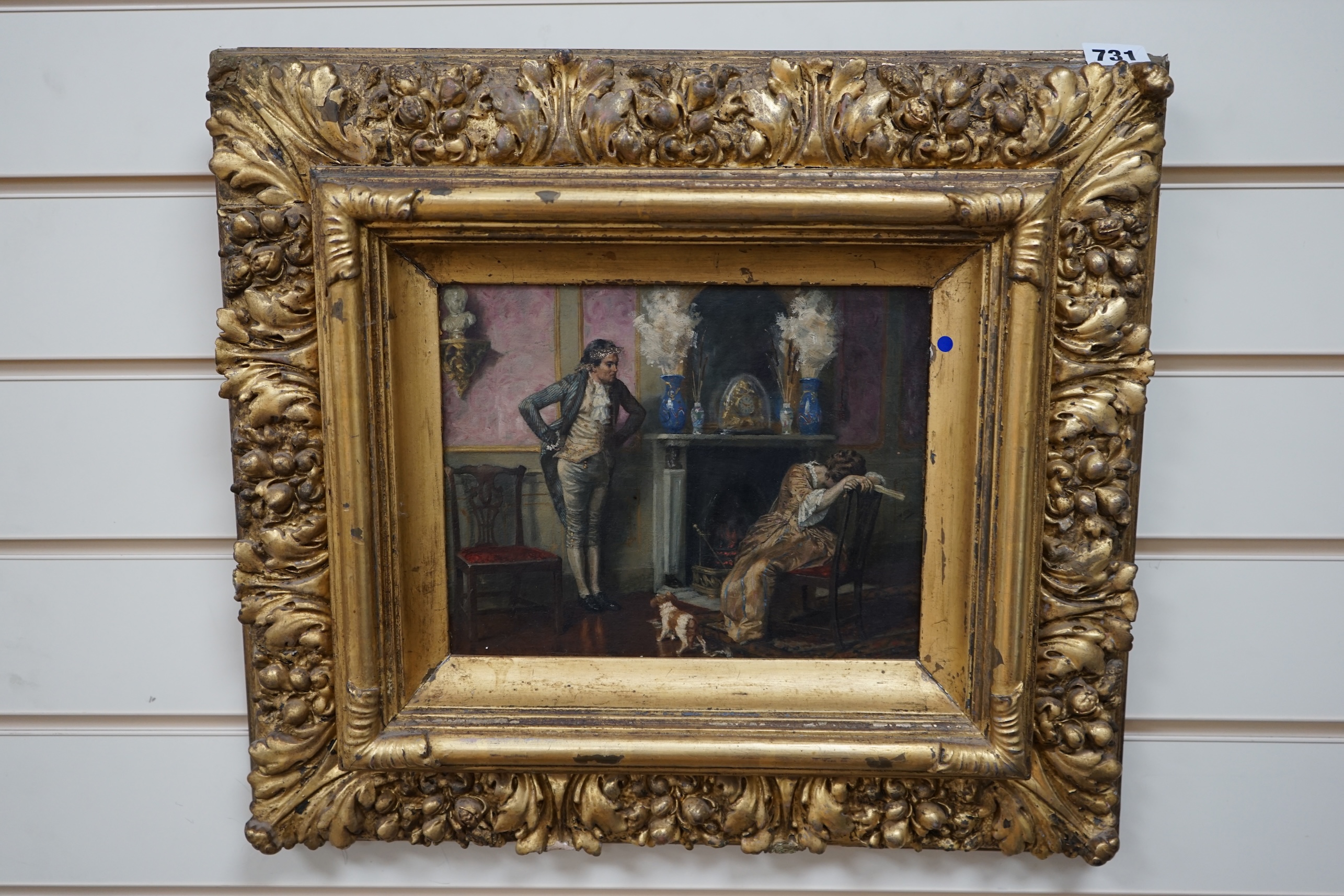 John Ward Dunsmore (American, 1856-1945), oil on panel, ‘A Refusal’, signed, 29 x 25cm, ornate gilt framed. Condition - fair to good